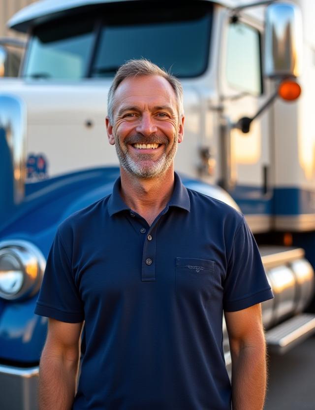 A professional TSM driver standing confidently in front of a modern Class 8 tractor