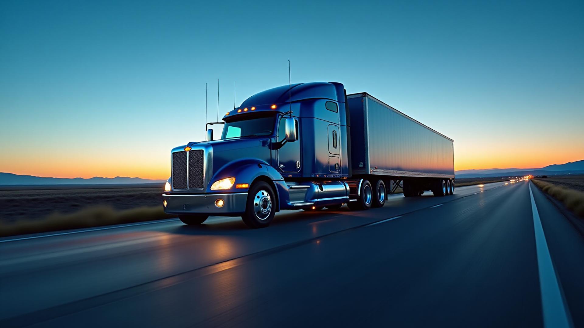 TSM Class 8 tractor driving on an open interstate highway at dusk