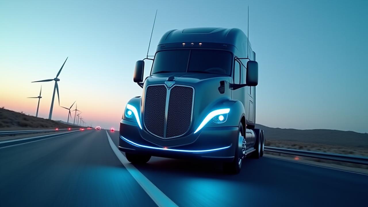Futuristic electric Class 8 semi-truck at twilight with glowing blue accents